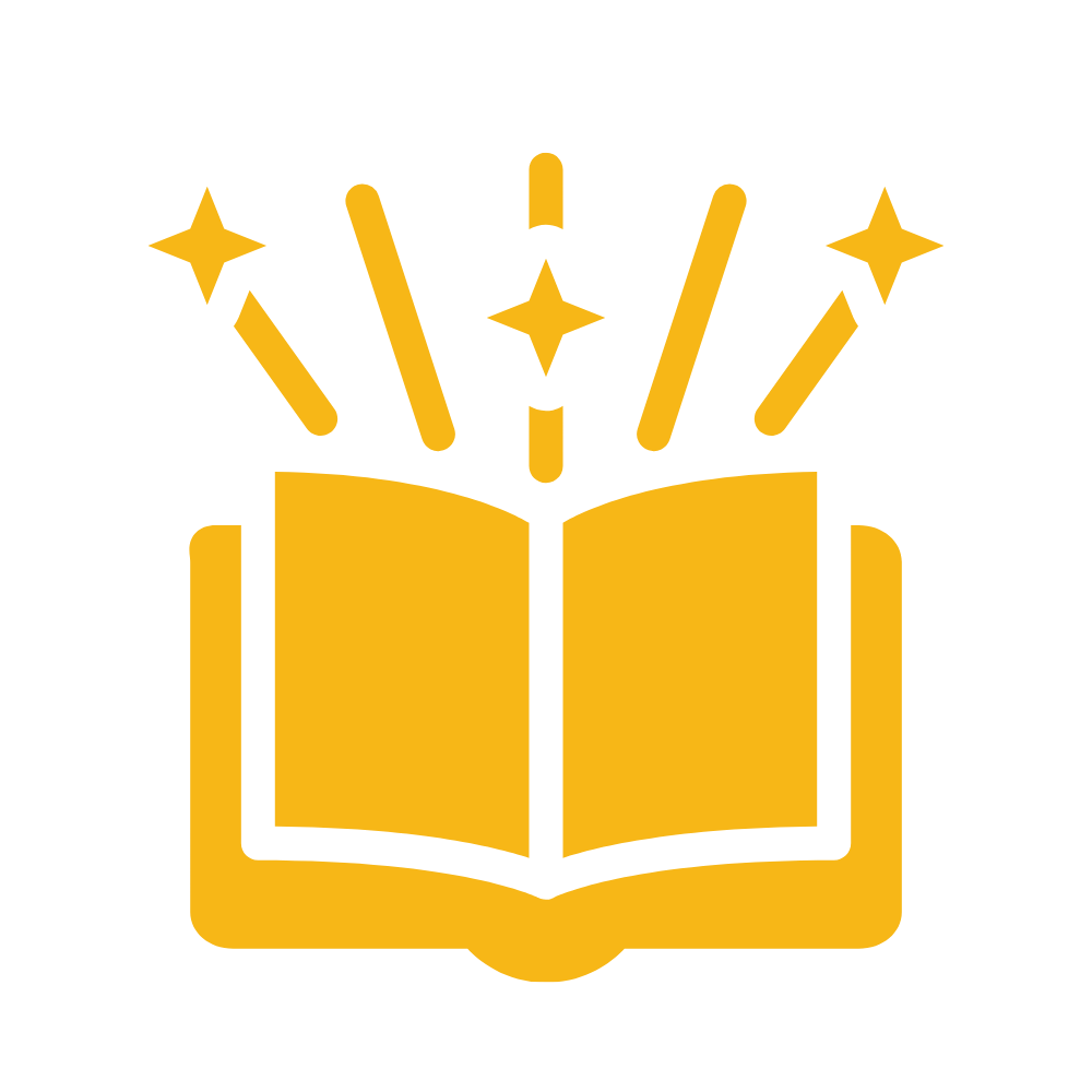 Gold open book with star-shaped sparkles and rays emanating from it, symbolizing knowledge or inspiration.