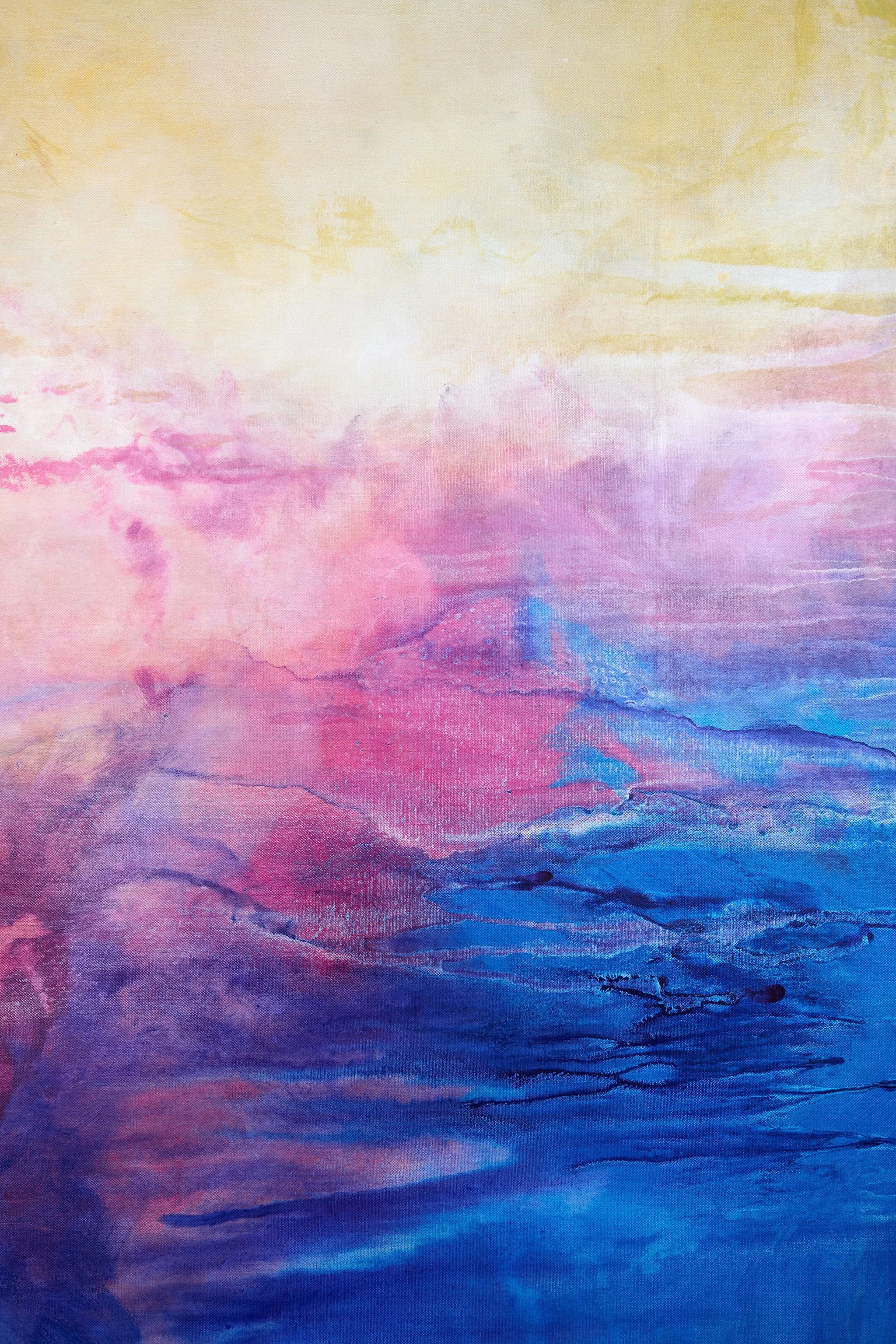A watercolor painting with soft pastel pink, yellow, and blue hues blending into each other, creating an abstract, clouds-like scene from the Swiss artist Valentina Blumer
