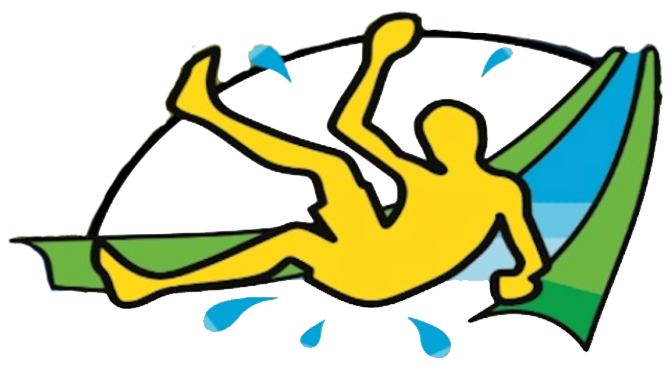 A cartoon illustration of a person slipping and falling on a wet slip-and-slide, part of the logo for Giant Slip and Slide Cornwall