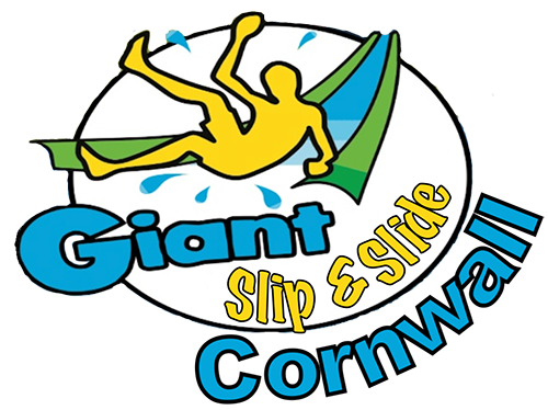 Logo for Giant Slip & Slide Cornwall featuring a yellow person sliding on a green slide with water splashing, text in blue and yellow.