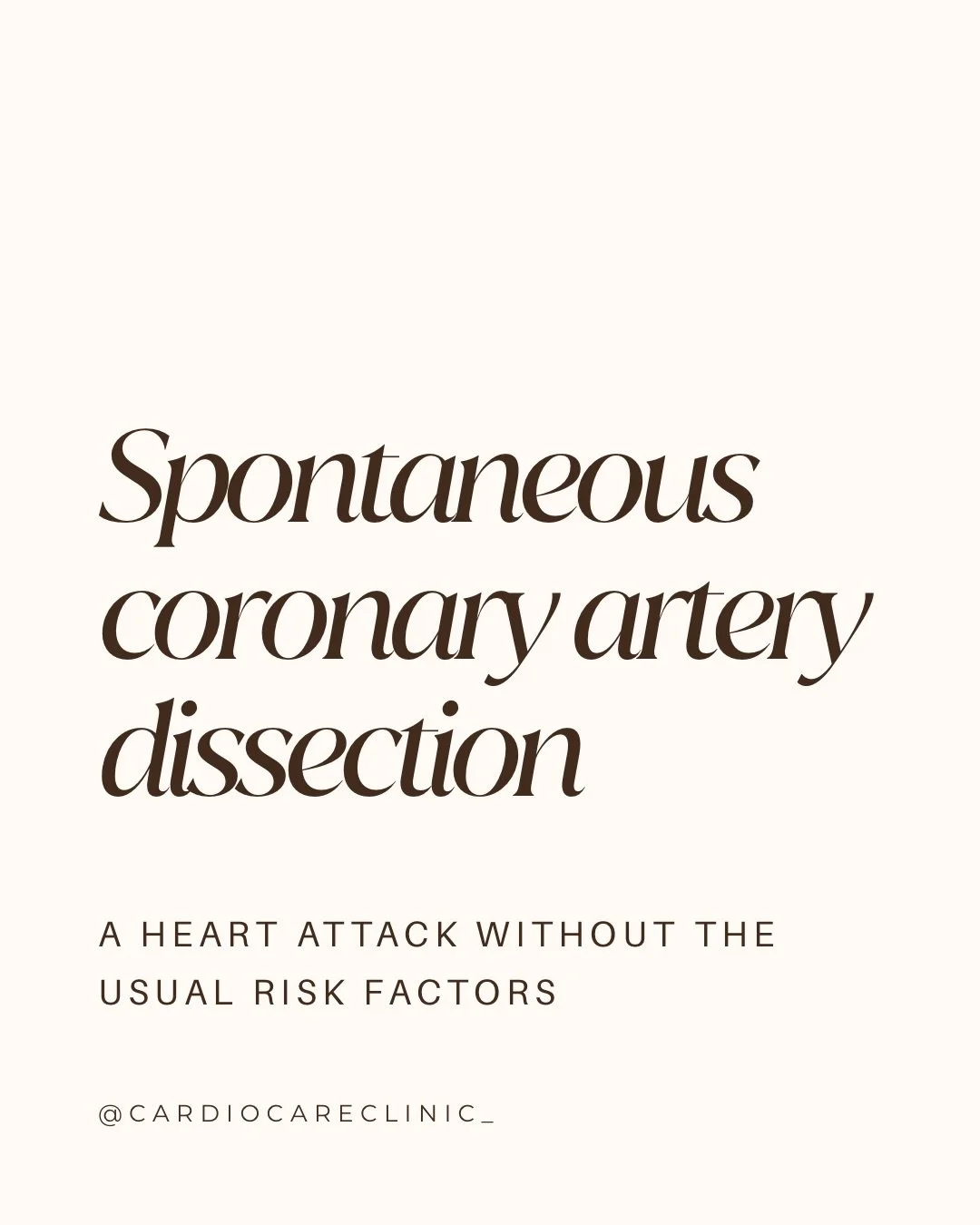 SCAD: a heart attack that can happen without the usual risk factors.

Spontaneous coronary artery dissection (SCAD) occurs when a tear develops within the wall of a coronary artery, which can restrict blood flow to the heart and cause a heart attack.