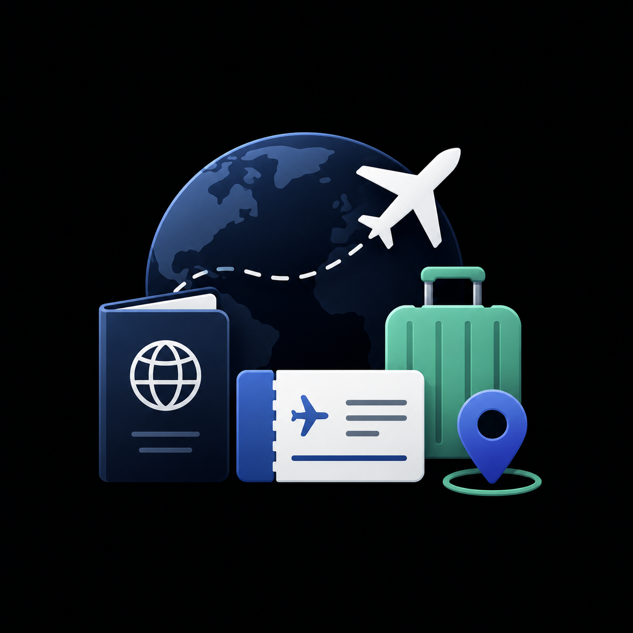 Travel icons including a globe, airline ticket, passport, suitcase, and location pin against a black background.