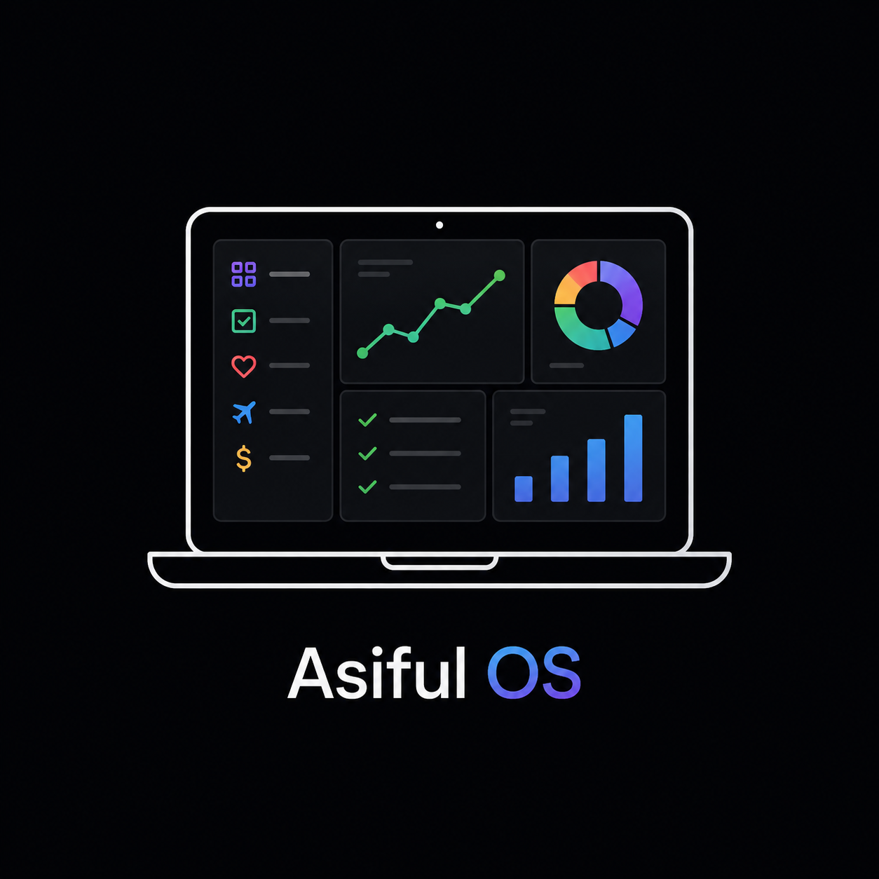 Digital illustration of a laptop screen displaying various colorful charts and graphs, with the text "Asiful OS" below.