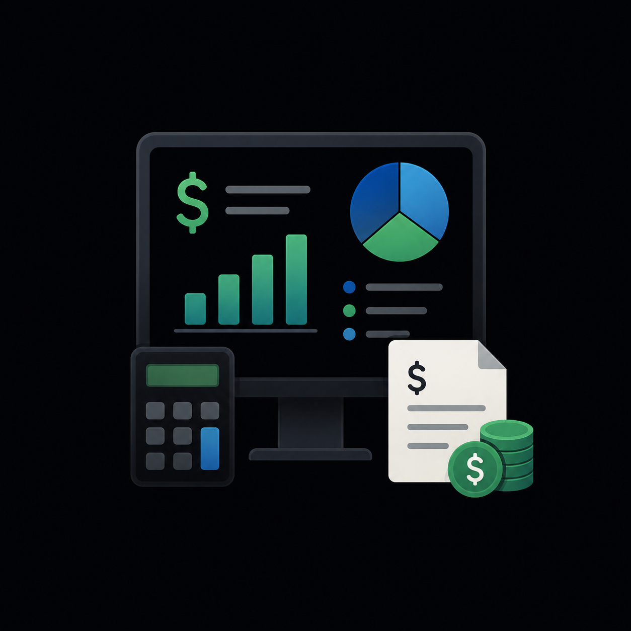 Digital financial data visualization including a computer monitor with charts, a calculator, financial documents, and stacks of coins on a black background.