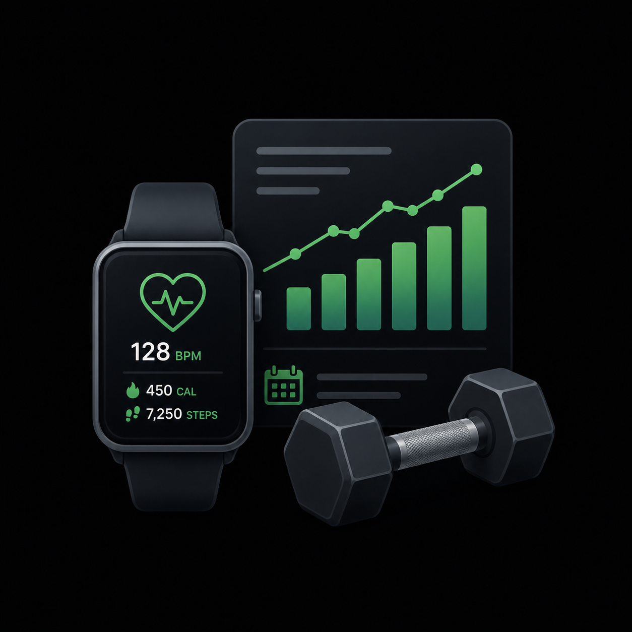 Smartwatch displaying heart rate, calories burned, and steps; background includes a graph showing an upward trend, a calendar icon, and a dumbbell, all in a fitness tracking context.