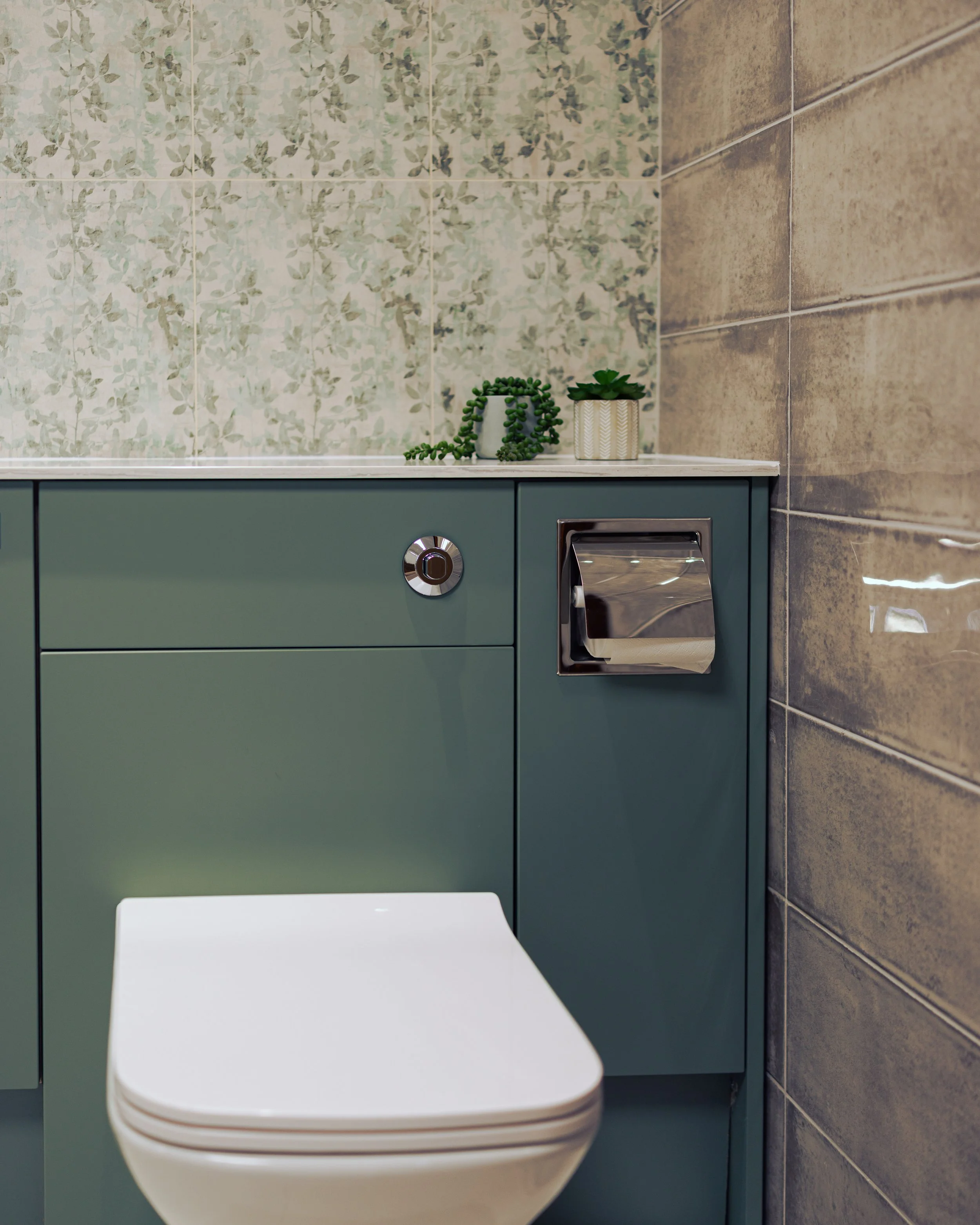 Display of various laminate flooring samples on shelves in a flooring store.