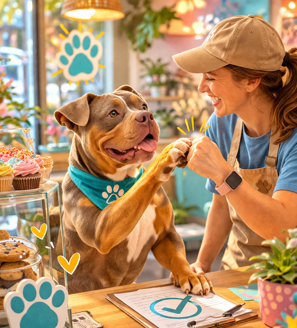 AI generated  image of a bull dog fist bumping a coffee shop owner inside a cafe