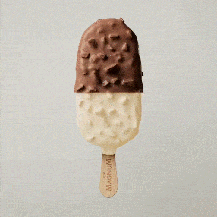 A two-flavor ice cream bar on a wooden stick, with chocolate on top and vanilla on the bottom.