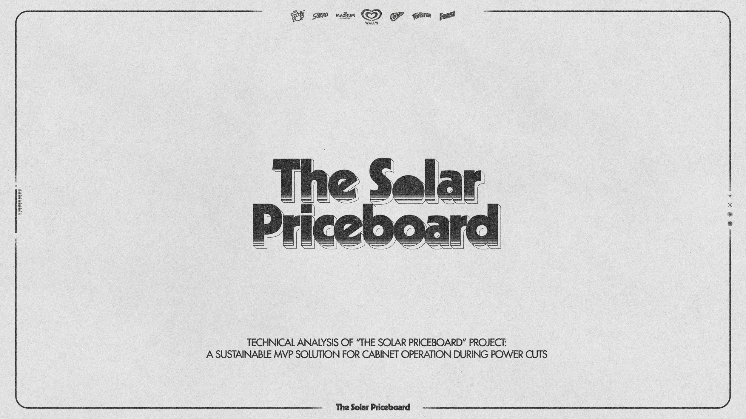 Title page for 'The Solar Priceboard' project, featuring logo images along the top, large styled text in the center, and a subtitle mentioning technical analysis of a sustainable MVP solution for power cabinet operation during power cuts.