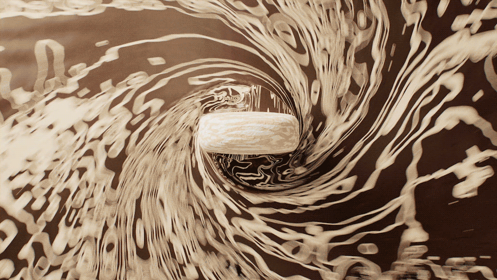 Abstract black and white swirling tunnel pattern with a wooden object at the center.
