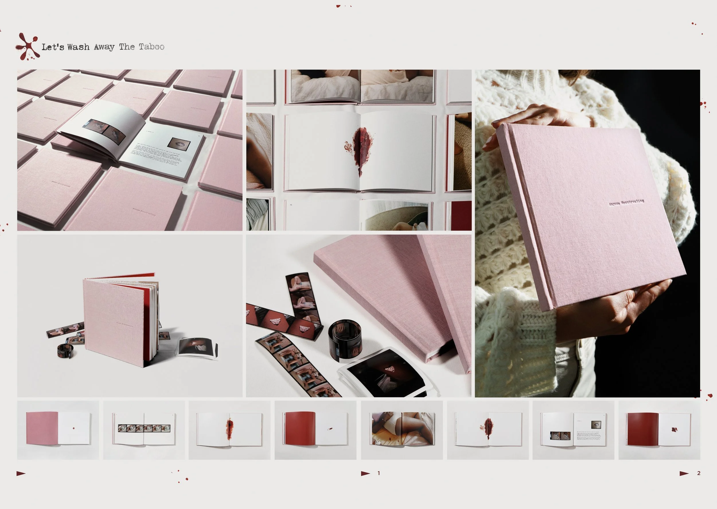 A collage of photographs featuring pink books with the title 'Let's Wash Away The Taboo,' including open books, a close-up of a book with a red stain, film strips, and a person holding a pink book outdoors.