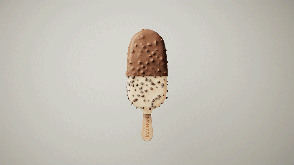 Chocolate and vanilla ice cream bar with chocolate chips on a wooden stick