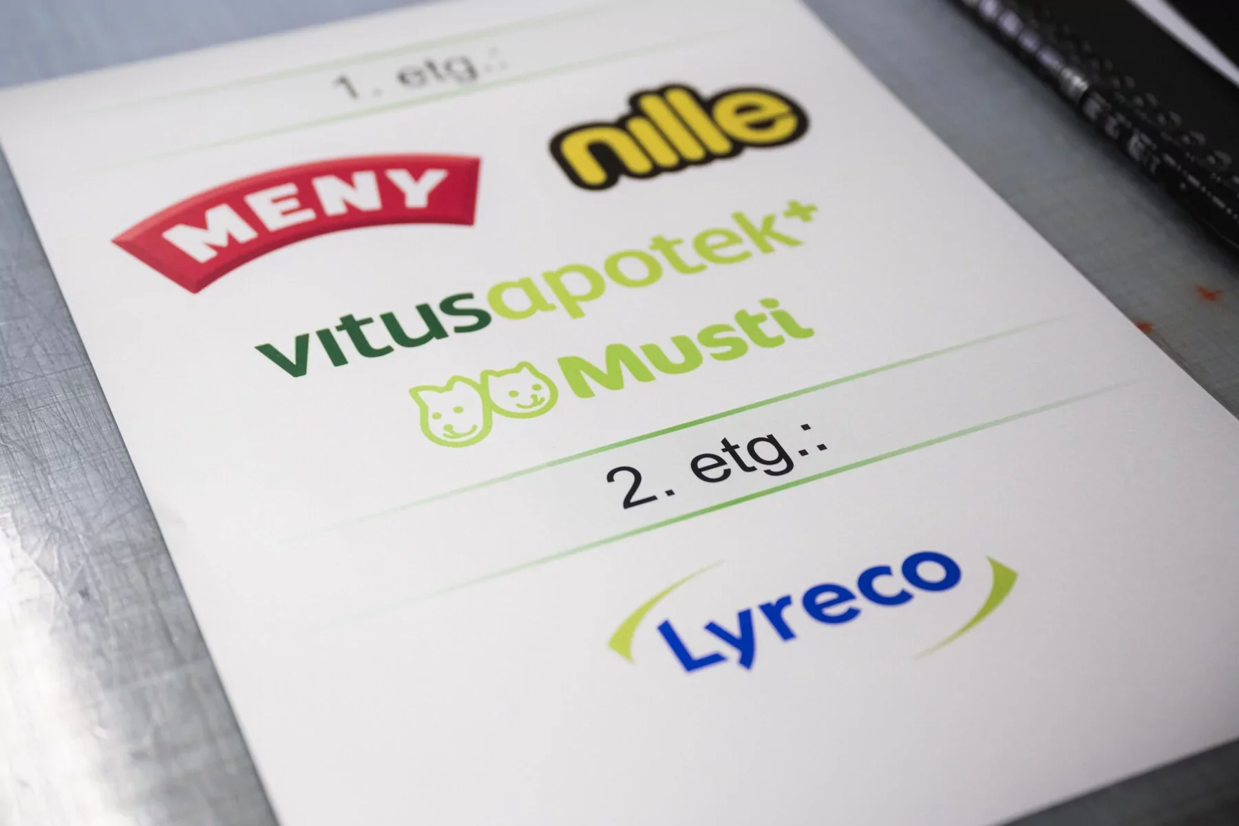 Skilt med oversikt over butikker i enkelte etasjer. Arbeid utført av Focus Print