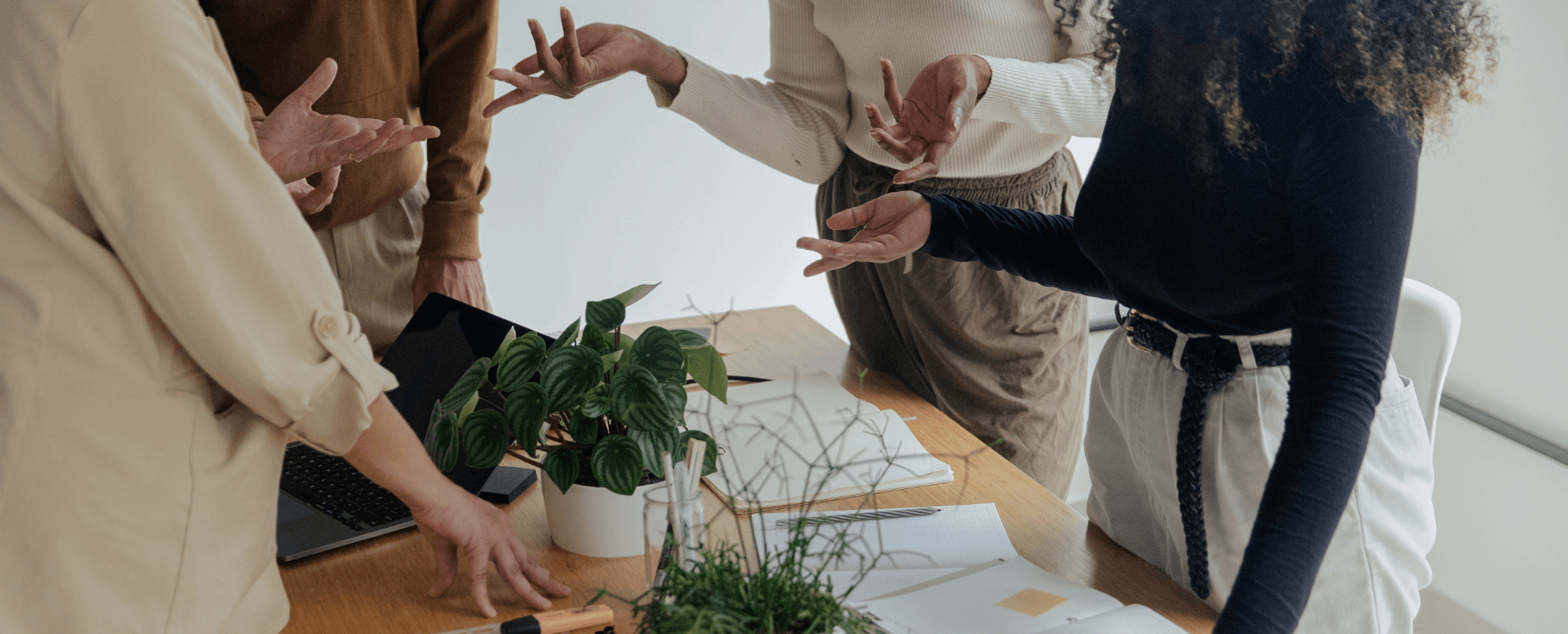 Groupe de personnes discutant autour d'une table avec des plantes, des livres et des documents.