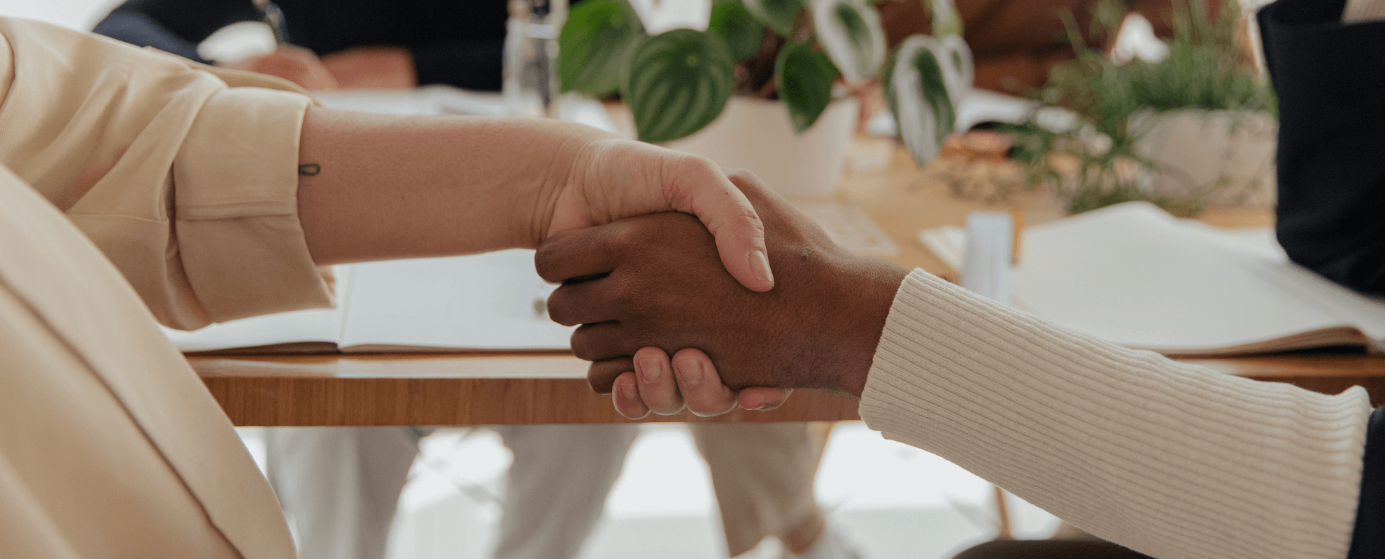 il y a deux mains l'une de couelur claire et l'autre de couleur foncé qui se serrent la main derrière le paysage de bureautique est flou