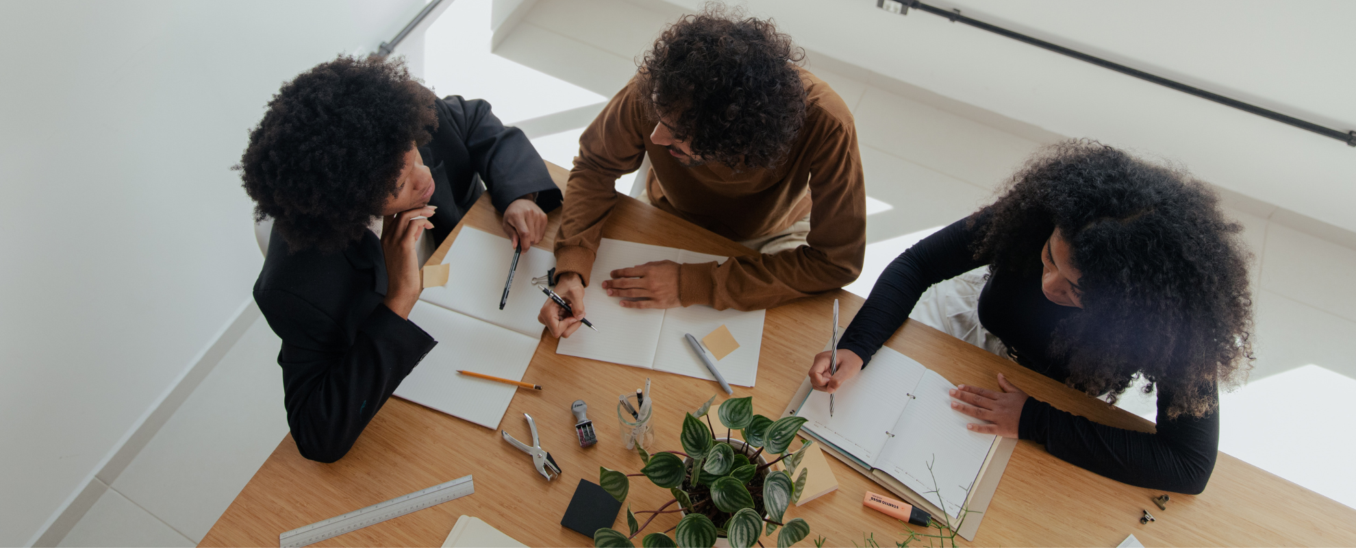 trois personnes travaillent autours sur une table en bois sur laquelle est posée une plante verte ainsi que des cahiers blancs et des stylos