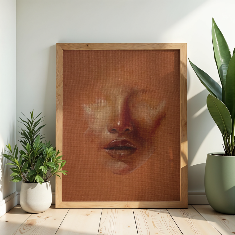 Original oil painting by Calypso Bené installed in modern home.