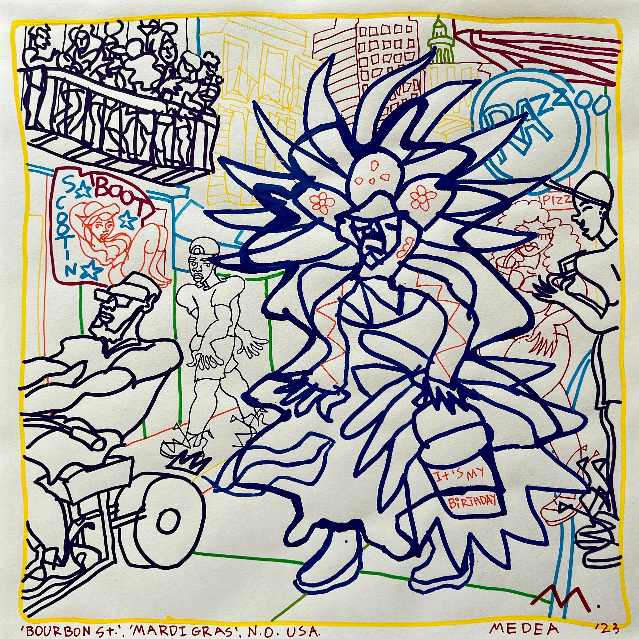 A colorful semi abstract line life sketch of the busy Bourbon Street, including bar signs, a group of people on a balcony, city buildings, a Mardigras Indian and people walking and driving vehicles on the street. “Bourbon Street Mardi Gras”, NOLA, US