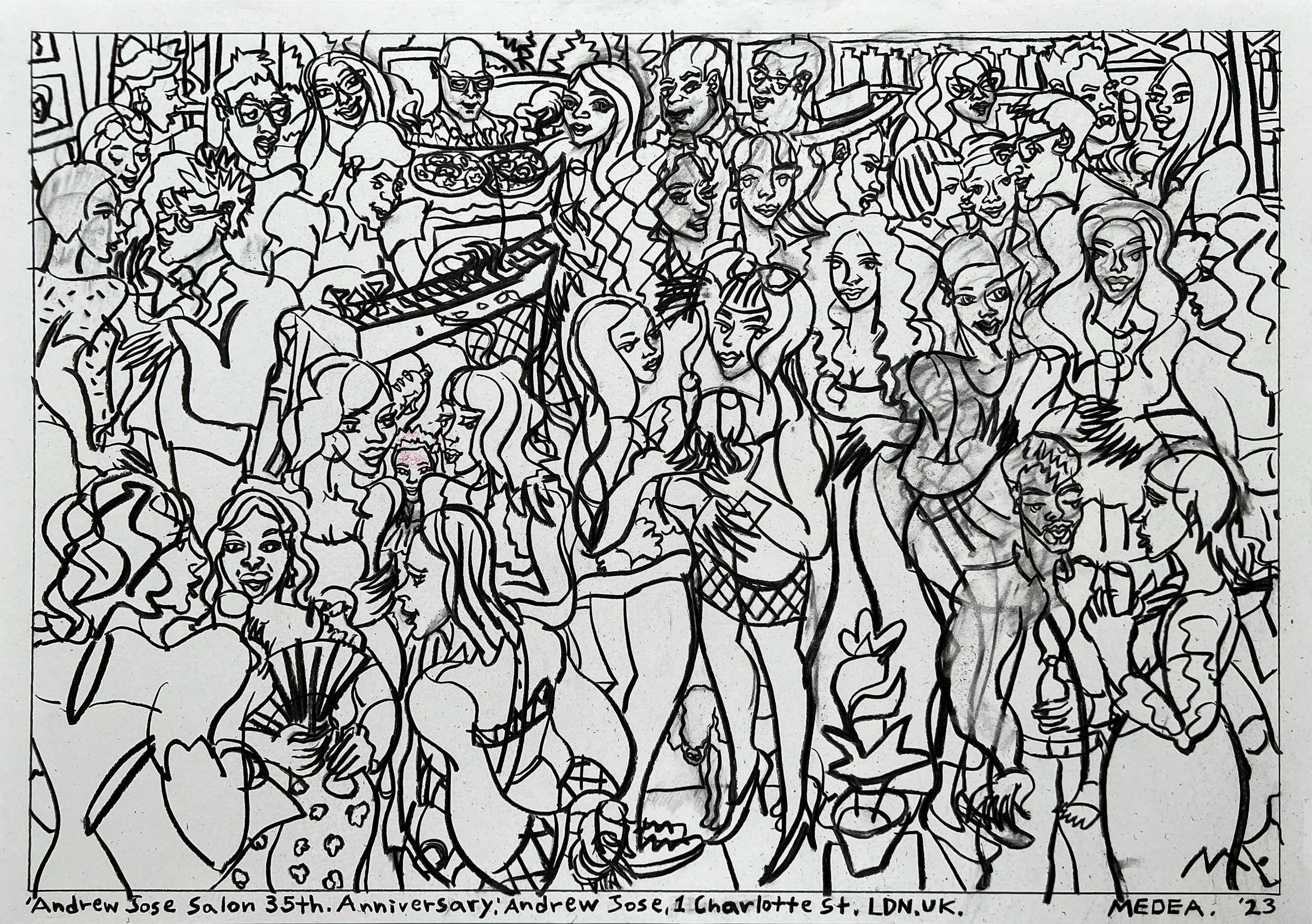 A black and white line drawing depicting a large group of people gathered for a celebration at Andrew Jose Salon's 35th anniversary. The crowd includes women with various hairstyles, some holding drinks. At the bottom, there is a handwritten note that reads: 'Andrew Jose Salon 35th Anniversay; Andrew Jose, 1 Charlotte St, LDN, UK. MEDEA, 23.'