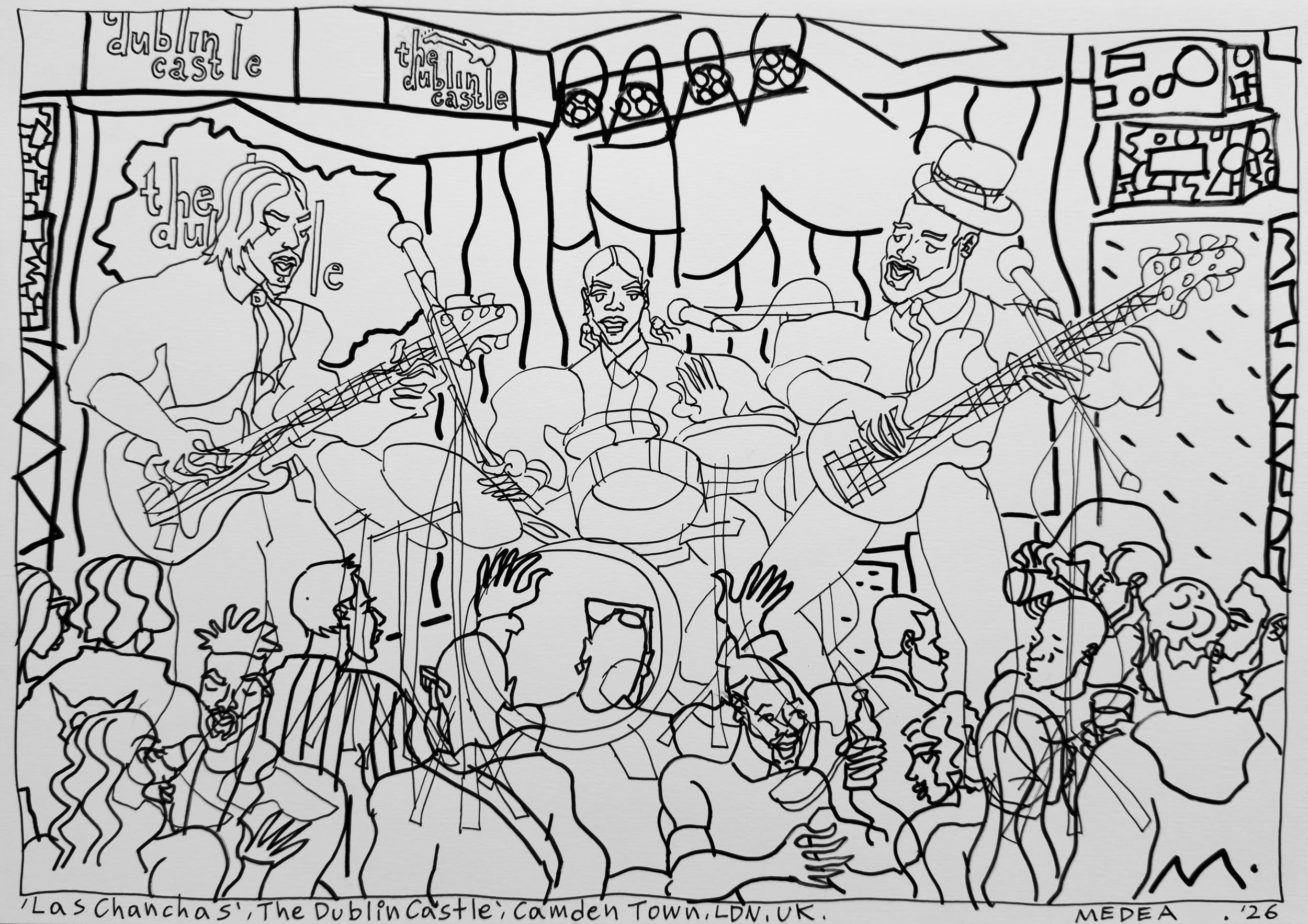 Black and White Line drawing of a live music performance of Las Chanchas at The Dublin Castle, Camden Town, London. Three musicians are playing and singing, in front of dancing crowd.
