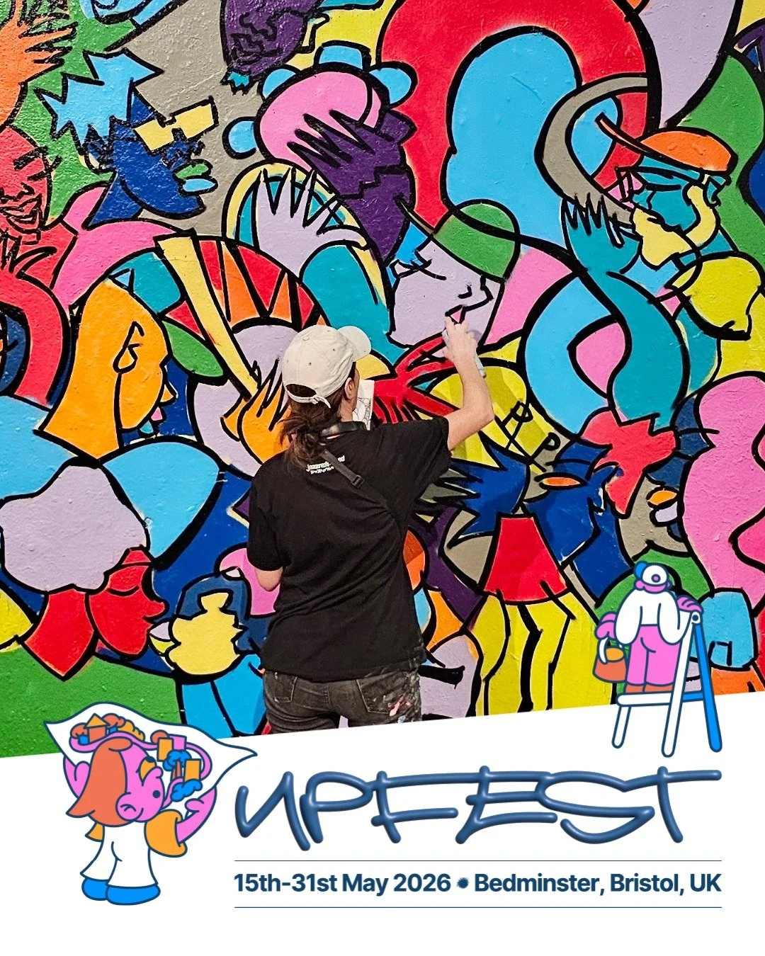 A woman which is Artist Medea painting a colorful mural on a wall with cartoon-like dancing and playing music characters and vibrant colors. The event details, 'UP FEST, 15th-31st May 2026, Bedminster, Bristol, UK,' are displayed at the bottom.