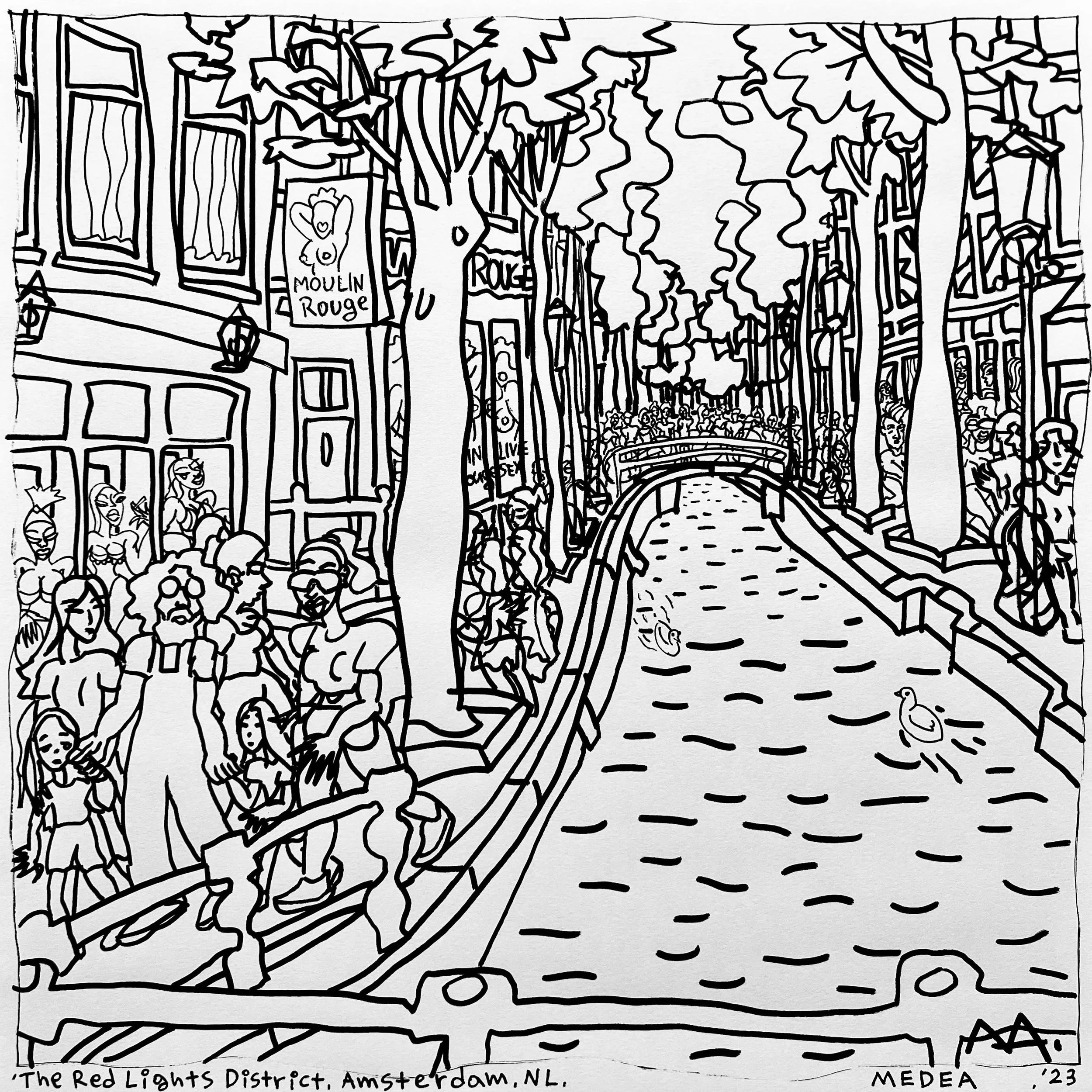 A black and white line life sketch on white paper of a bustling city street with trees, buildings , pedestrians, and a canal with ducks, labeled "The Red Lights District, Amsterdam, NL", '23.