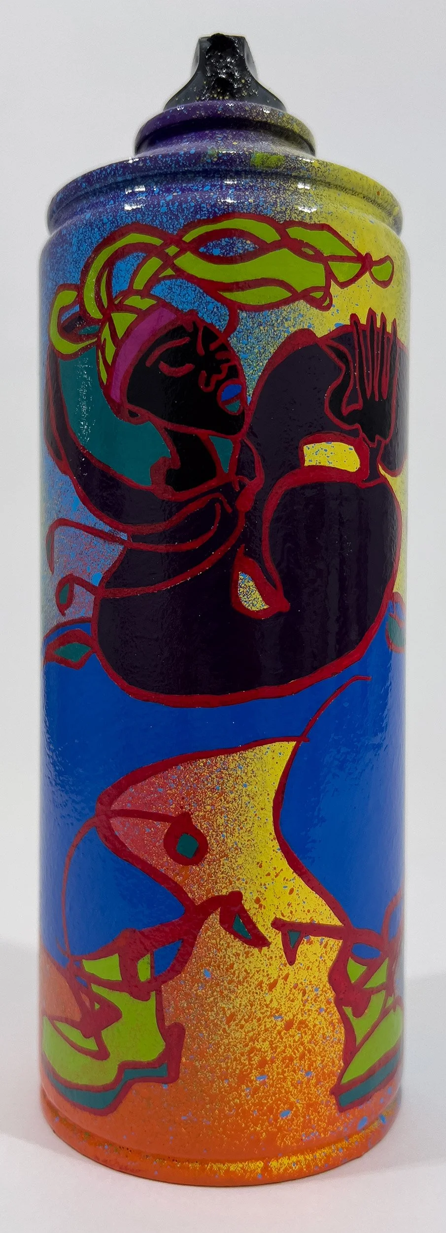 Colorful spray paint can with graffiti-style artwork, including a B- Girl dancing who is wearing baggy clothes, and sprayed vibrant colors.