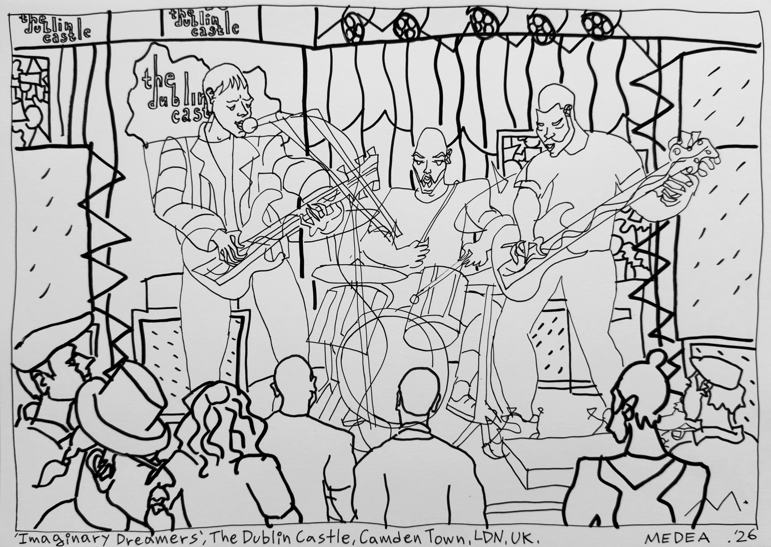 Black and White sketch of a band performing live on stage with a caption on the bottom that reads 'The Dublin Cast'le'. The crowd in front of the band is dancing and having a good time.