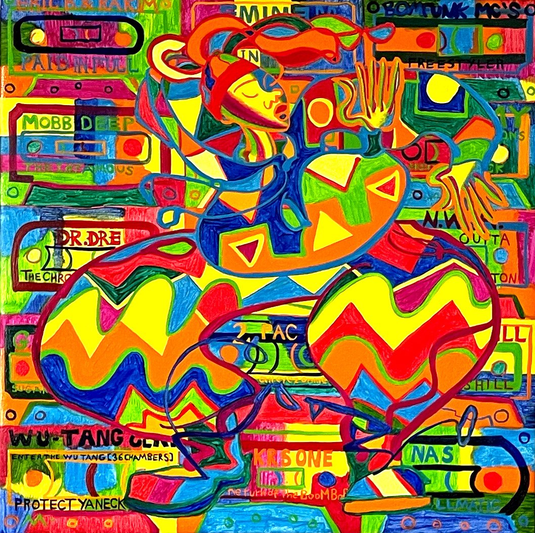 Colorful abstract artwork featuring a dancing B-Girl with closed eyes, patterned with geometric shapes, surrounded by various vibrant logos, symbols, and text in a rhythmic composition.