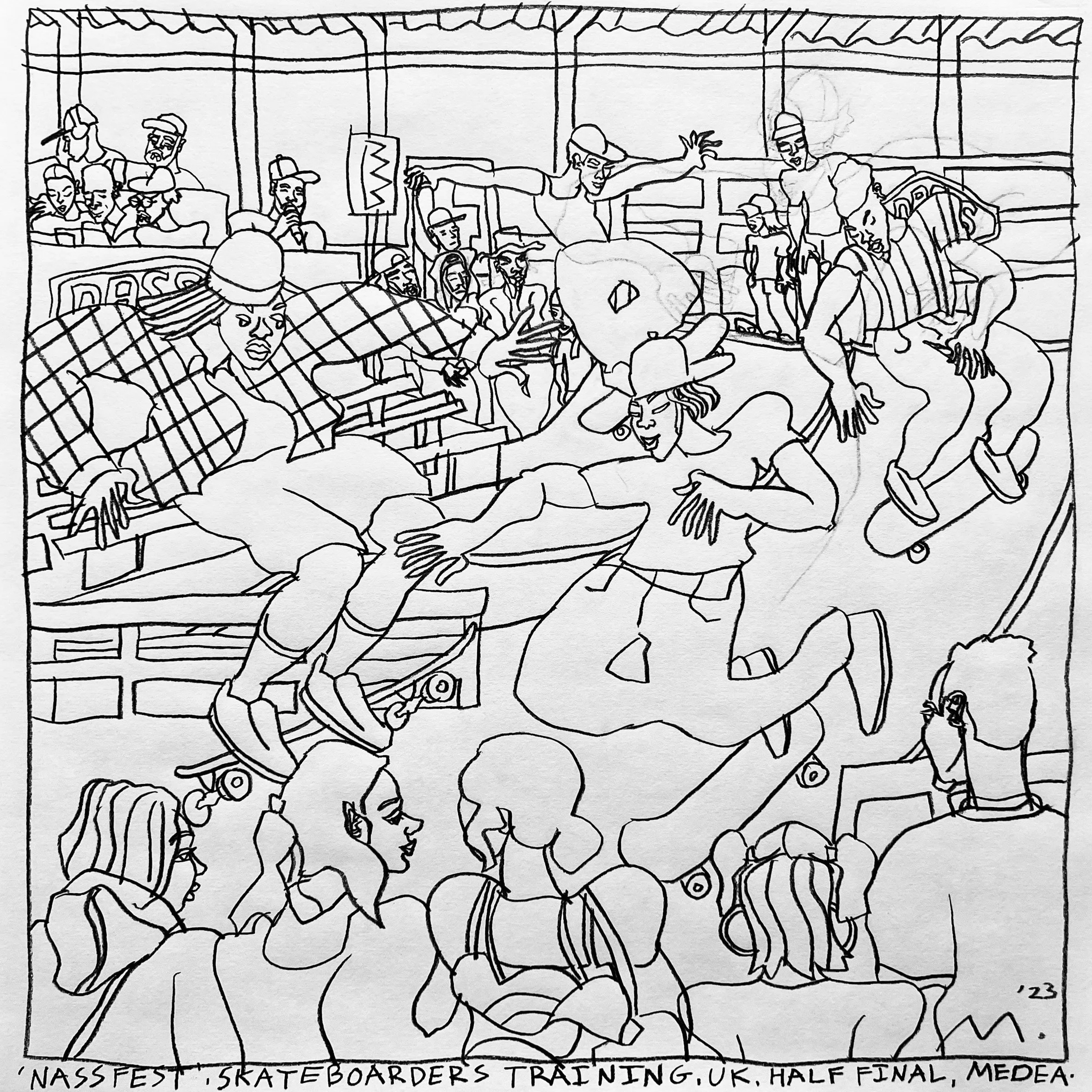 Line live sketch of a skateboarding competition scene, with skateboarders performing tricks and an audience watching, set in a warehouse. The scene is named as “NASS FEST”, UK, ‘23 depicts skateboarders warming up.