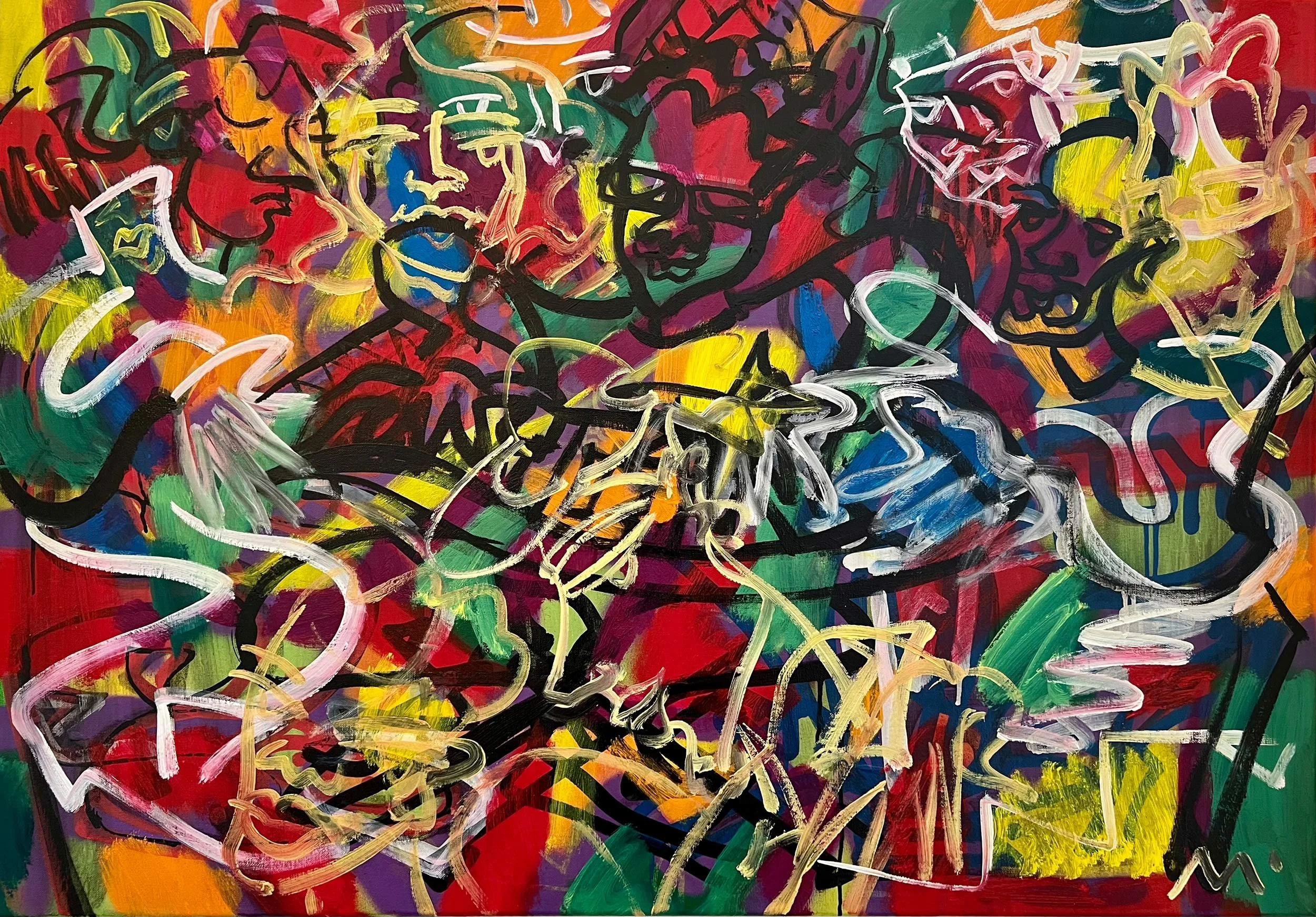 Vivid semi abstract painting with bright colors and energetic, swirling lines, featuring various overlapping characters which are musicians and dancing crowd as well as shapes and hues of red, yellow, green, blue, purple, white, and black.