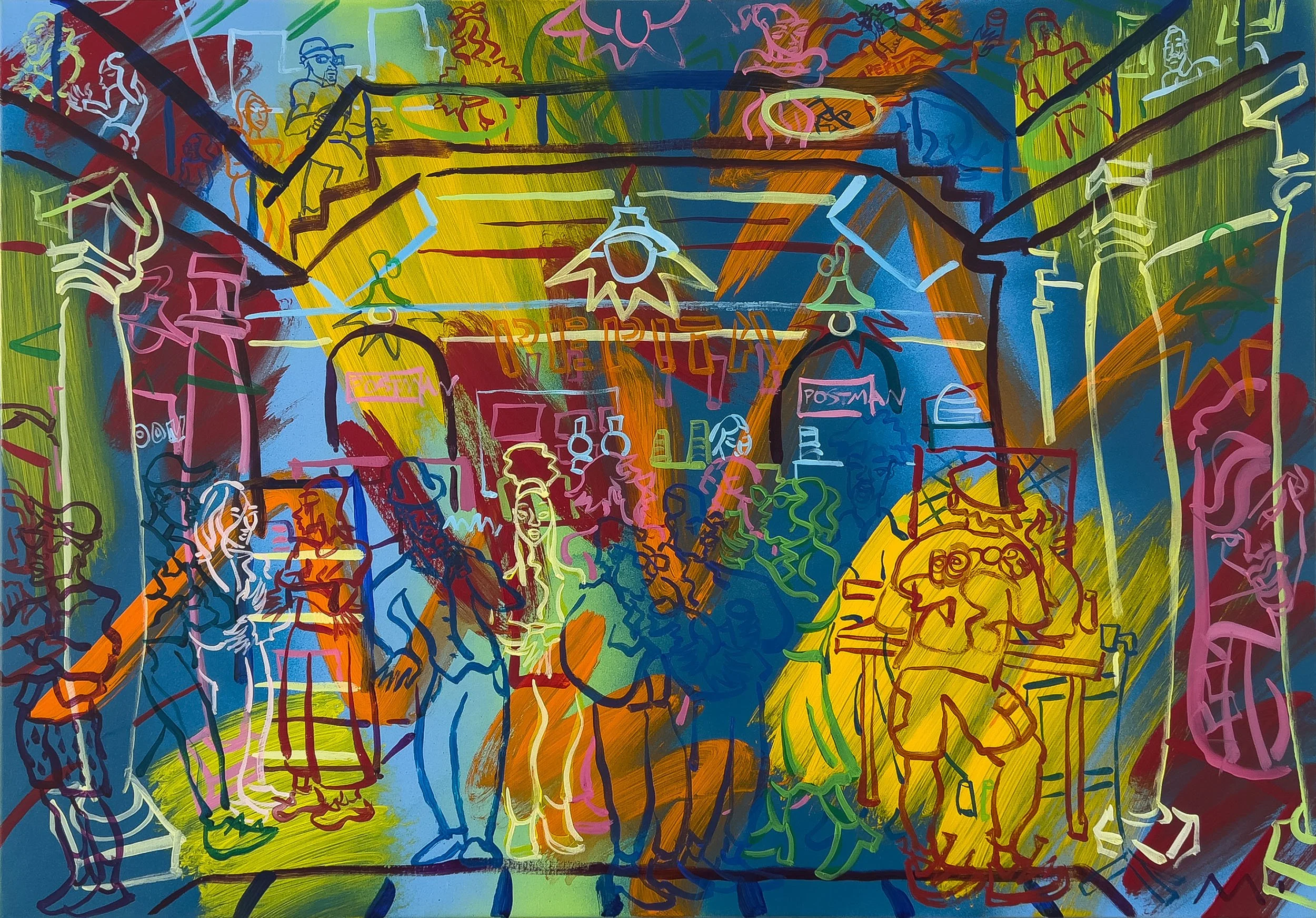 An abstract colorful live painting with numerous outlined figures of people and interior of a building, live painted with bright and pastel colors on a large canvas.