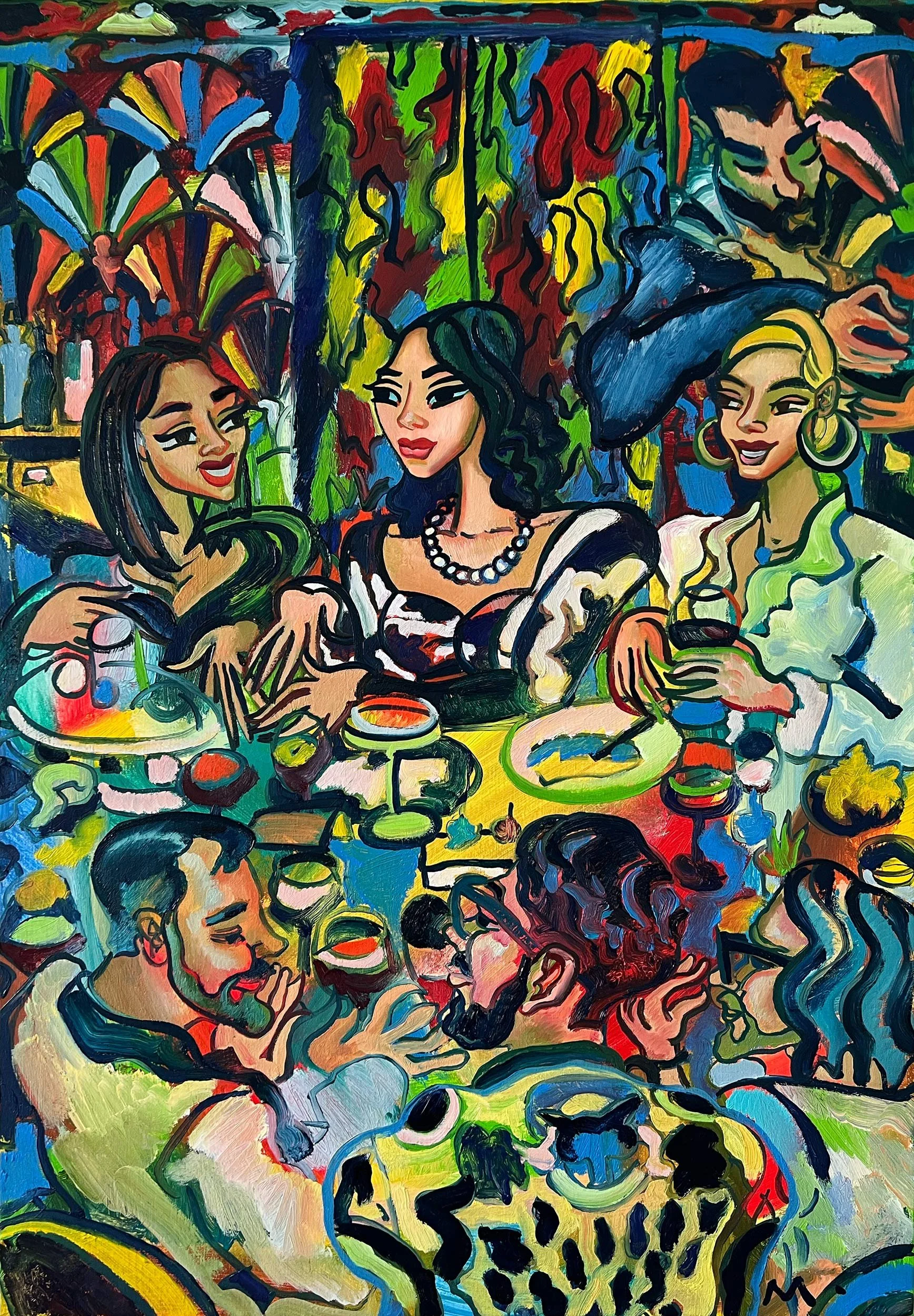 A colorful semi abstract painting depicting three women and three men enjoying a meal together in a festive setting, with vibrant background elements with a waiter serving them and expressive brushstrokes.