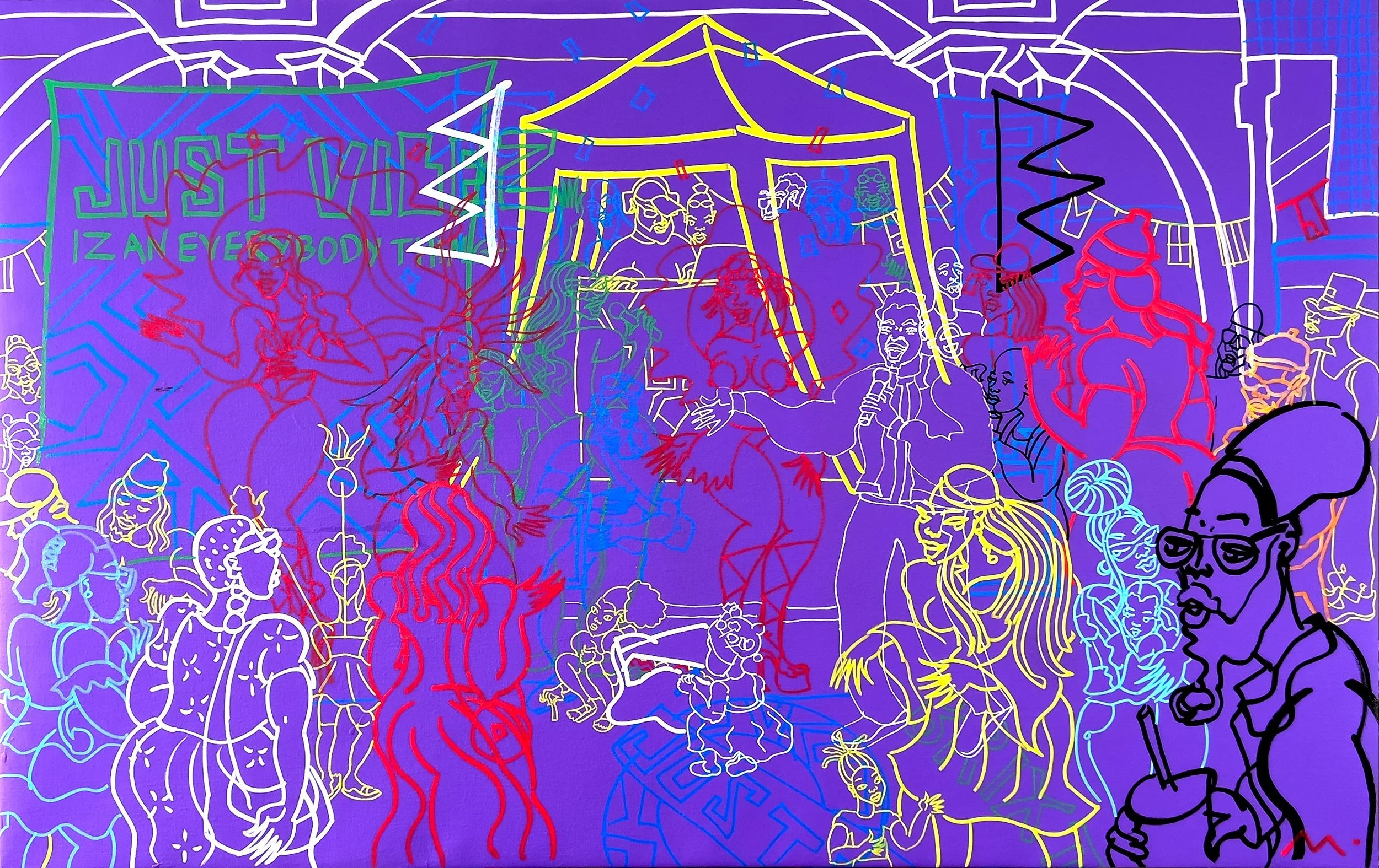 Colorful bright line sketch on canvas of a lively street scene with numerous people dancing and singing, a covered market as a backdrop, all set against a purple background of the canvas.