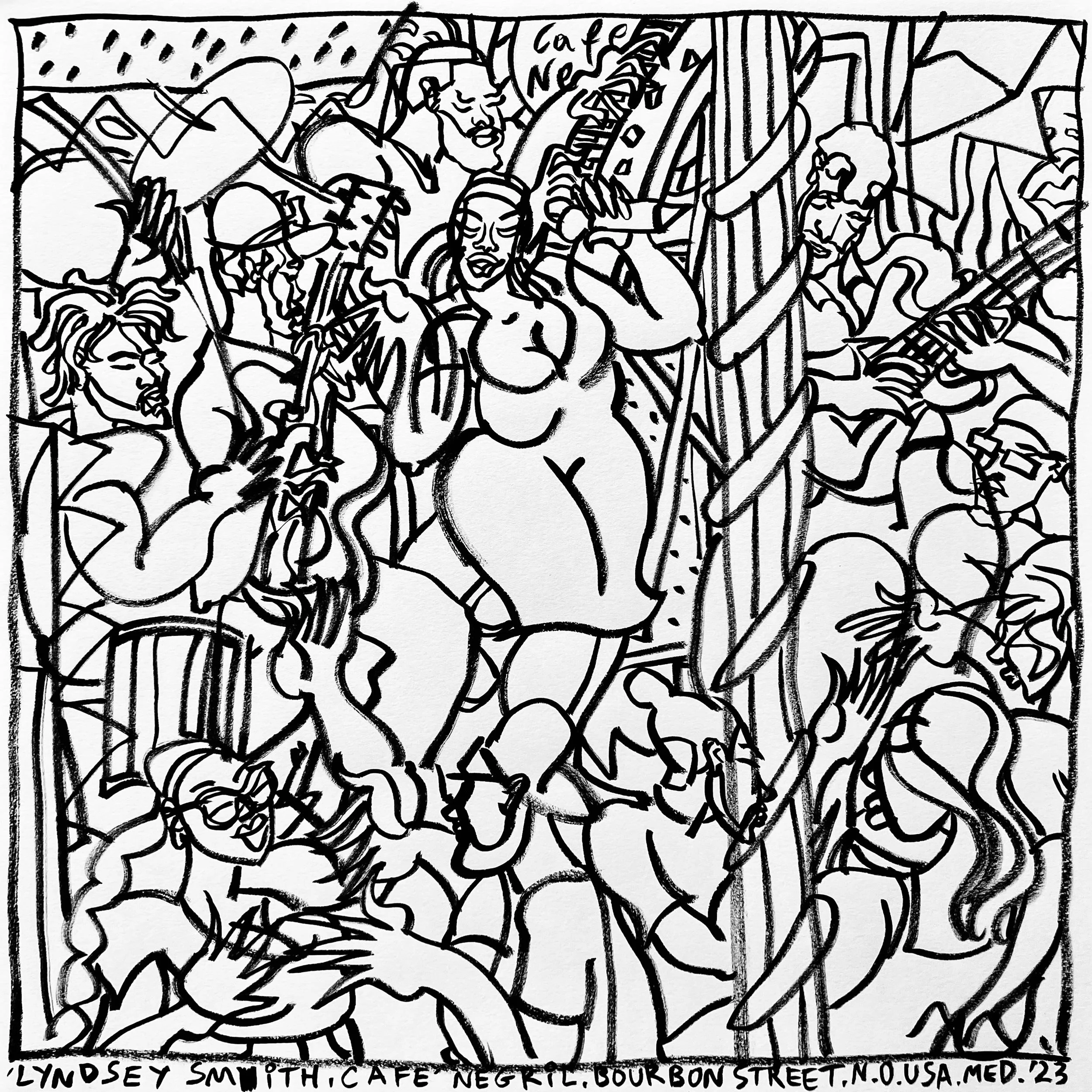 Black and white sketch of a scene with musicians and a singer surrounded by semi abstract, loosely detailed dancing crowd in a jazz bar. “Lyndsey Smith”, Café Negril, Frenchmen Street, N.O., USA, ‘23.