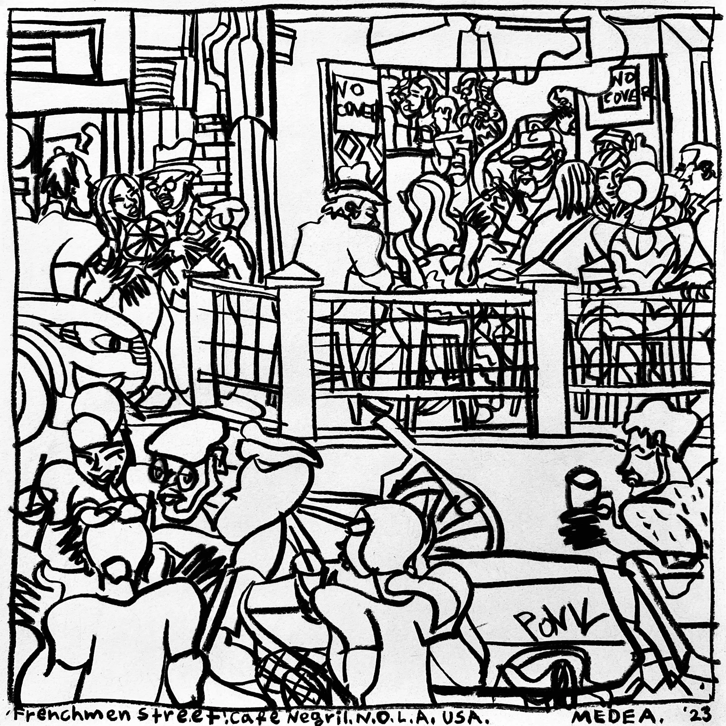 A black and white line life drawing sketch of a busy street scene with people and signs. Some individuals are talking or looking at their phones. The scene appears lively and densely packed.