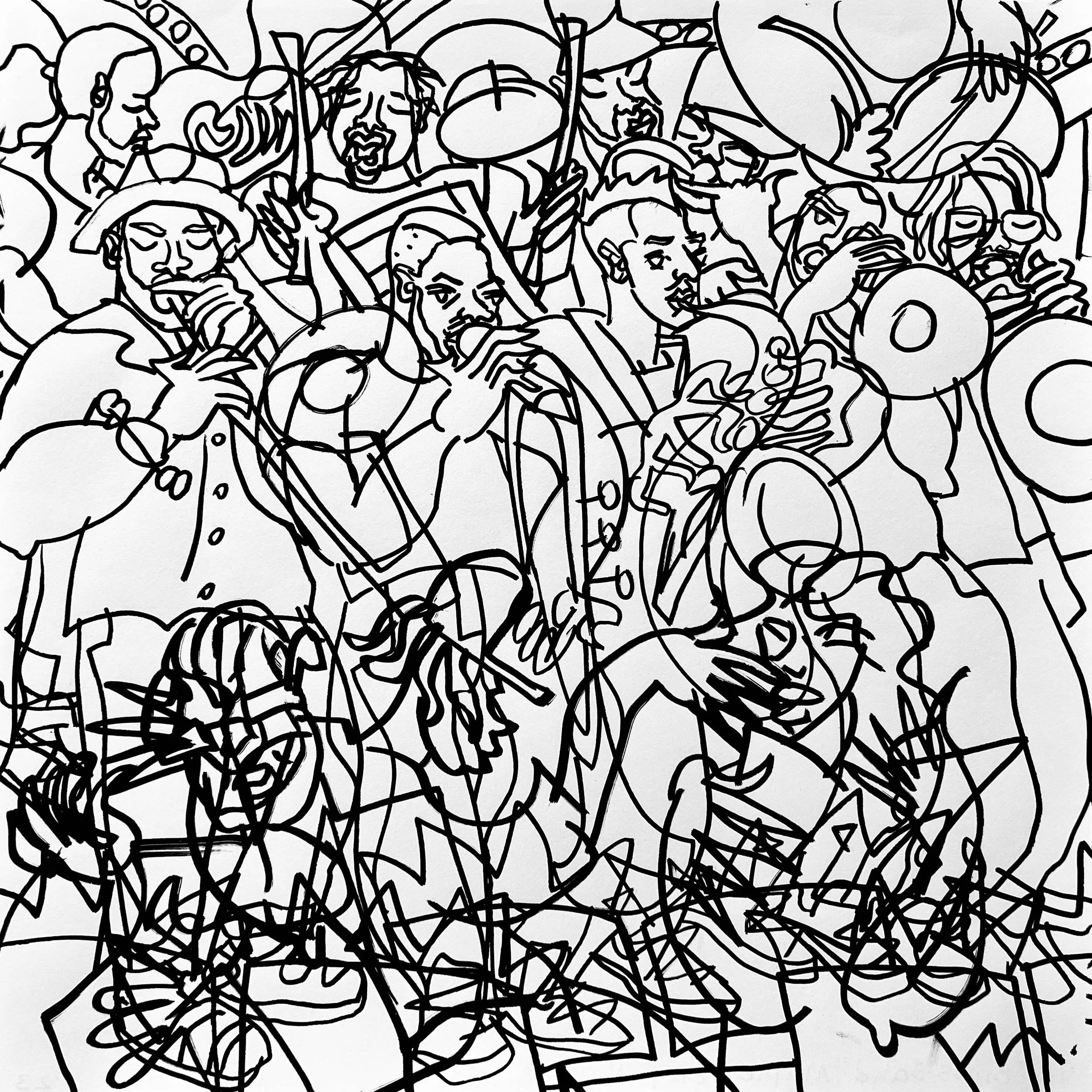 Black and white semi abstract line live sketch of a big music band, who are playing musical instruments and singing in a crowded scene with a dancing crowd in front of them. “TBC Brass Band”, Maple Leaf Bar, N.O.L.A., USA, ‘23.