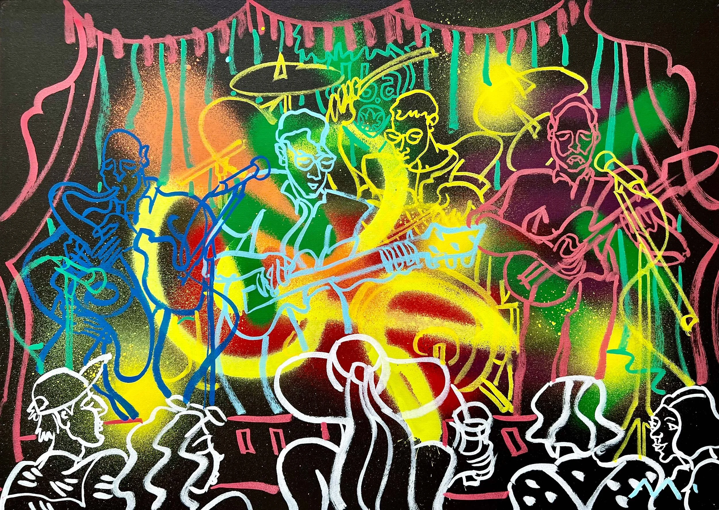 Colorful bright outline drawing of musicians playing music and singing on a stage at a lively gig, to busy dancing crowd.