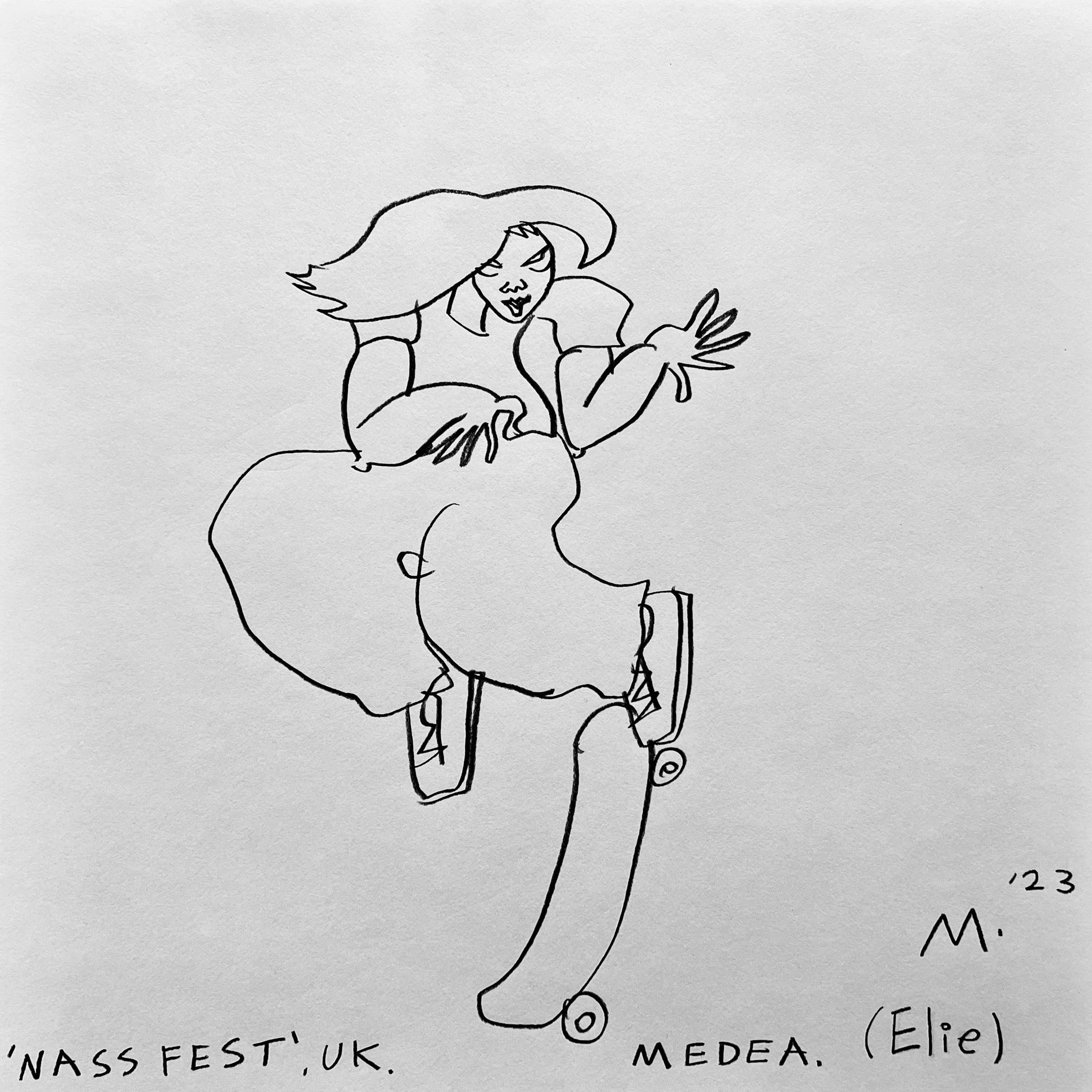A single character black and white graphite line live sketch of a skateboarder girl floating in the air on her skateboard, with her head turned to the side, and arms legs balancing in the air in order to land on the board. “NASS FEST”, UK, ‘23.