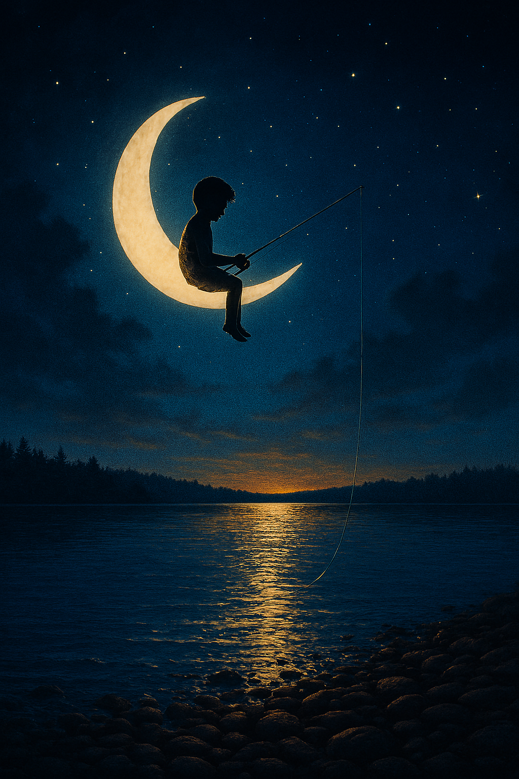A child sitting on a crescent moon in the night sky, fishing with a rod, with stars and a reflection on the water below.