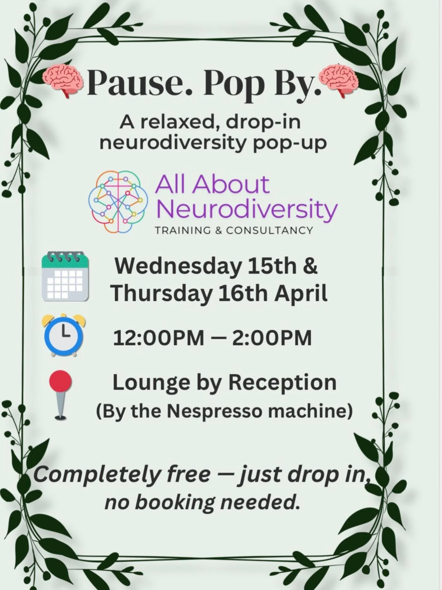 I&rsquo;ll be at Clarence House today from 12&ndash;2pm for a pop-up event 🙌
I&rsquo;ll be sharing information with businesses about neurodiversity in the workplace &mdash; what it means, why it matters, and simple, practical ways to create more inc