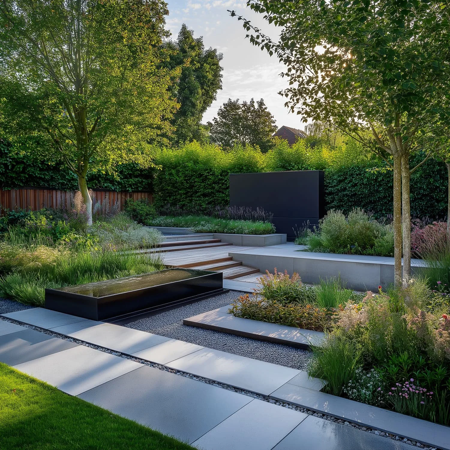 Modern landscaped garden with a paved walkway, tiered flower beds, lush green trees, and a black rectangular water feature under a sunny sky.