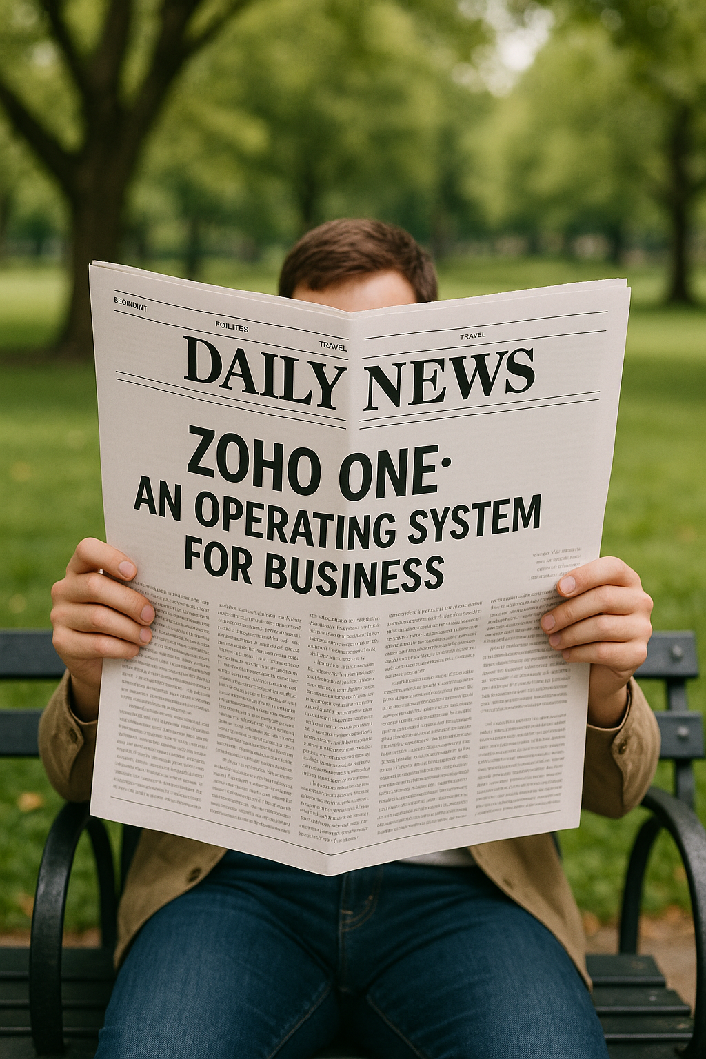 Person sitting on a park bench reading a newspaper, with the headline about Zoho One, an operating system for business.