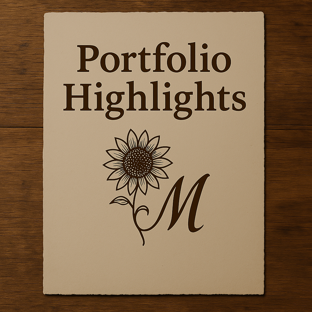 A beige paper with the words 'Portfolio Highlights' and a sunflower illustration, placed on a wooden surface.