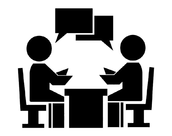 Two people sitting across from each other at a table, engaged in conversation, with speech bubbles indicating dialogue.