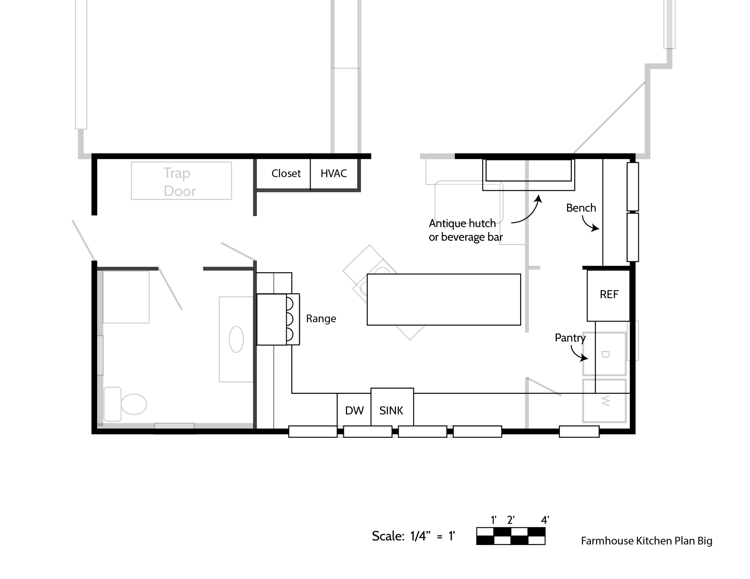 A black and white floor plan of a kitchen, showing appliances and fixtures including a sink, refrigerator, stove, and countertops, with labels for furniture but no people or objects.