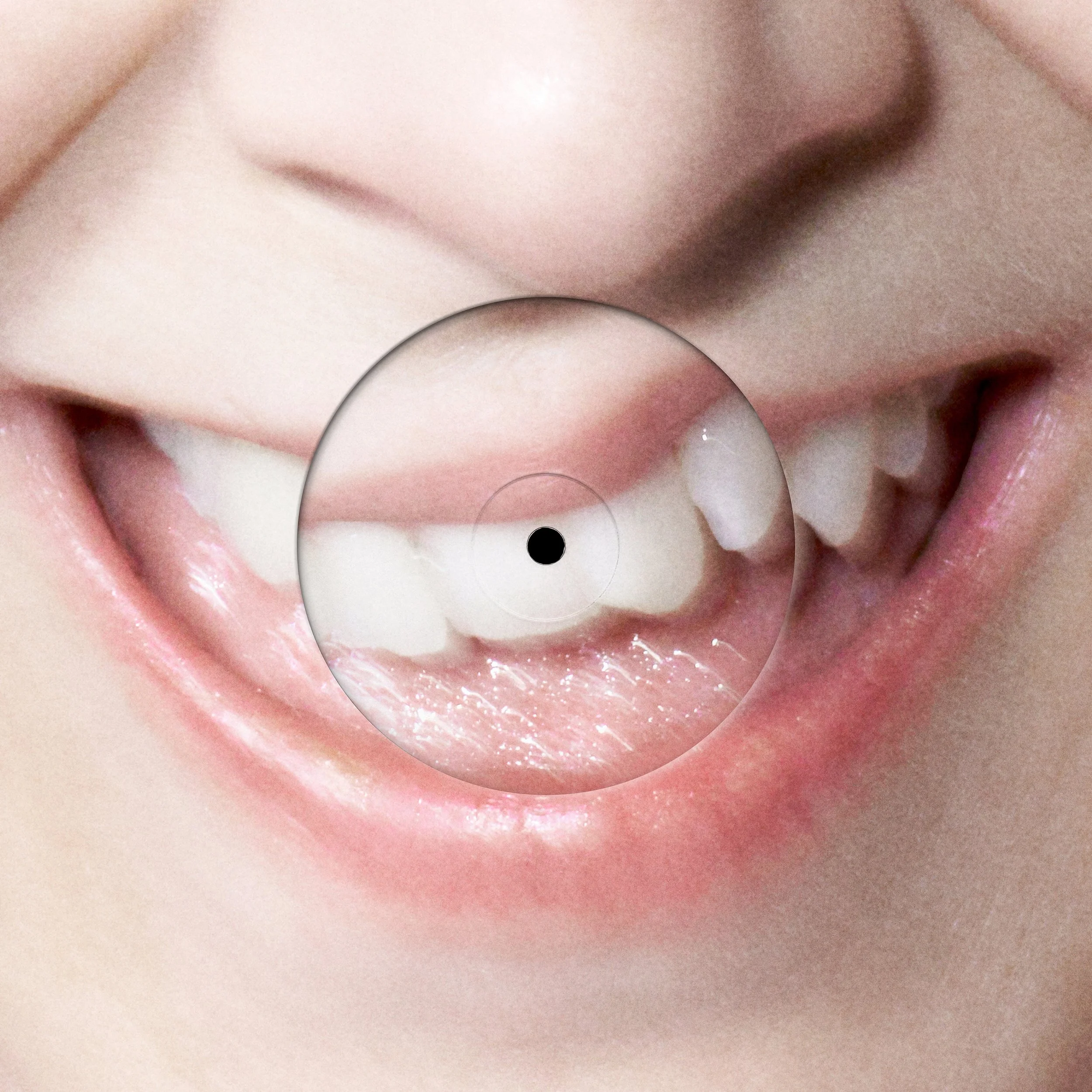 Close-up of a person's smiling mouth with a focus on the upper teeth, showing a dental whitening device placed over the teeth.