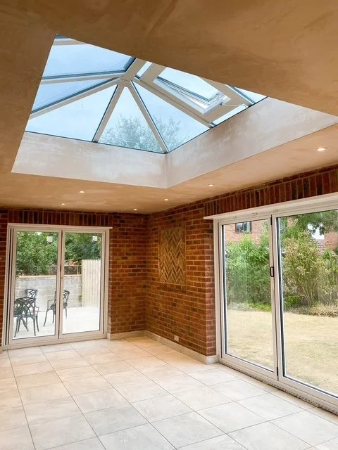 Interior photo of bright brick extension in Carton East Yorkshire, with large roof lantern skylight from BHY Contracts.