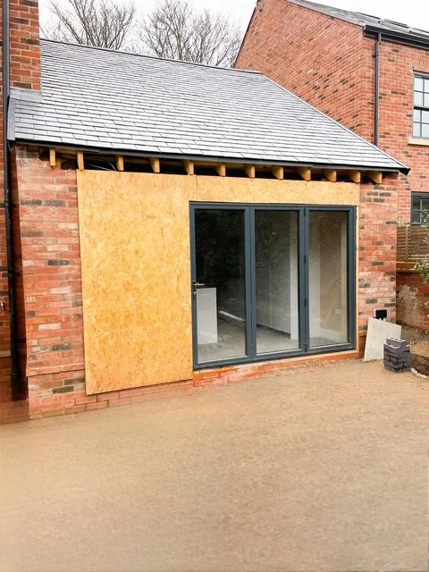 New large kitchen extension in Fulford North Yorkshire with vaulted ceiling, bifold doors and entrance lobby.