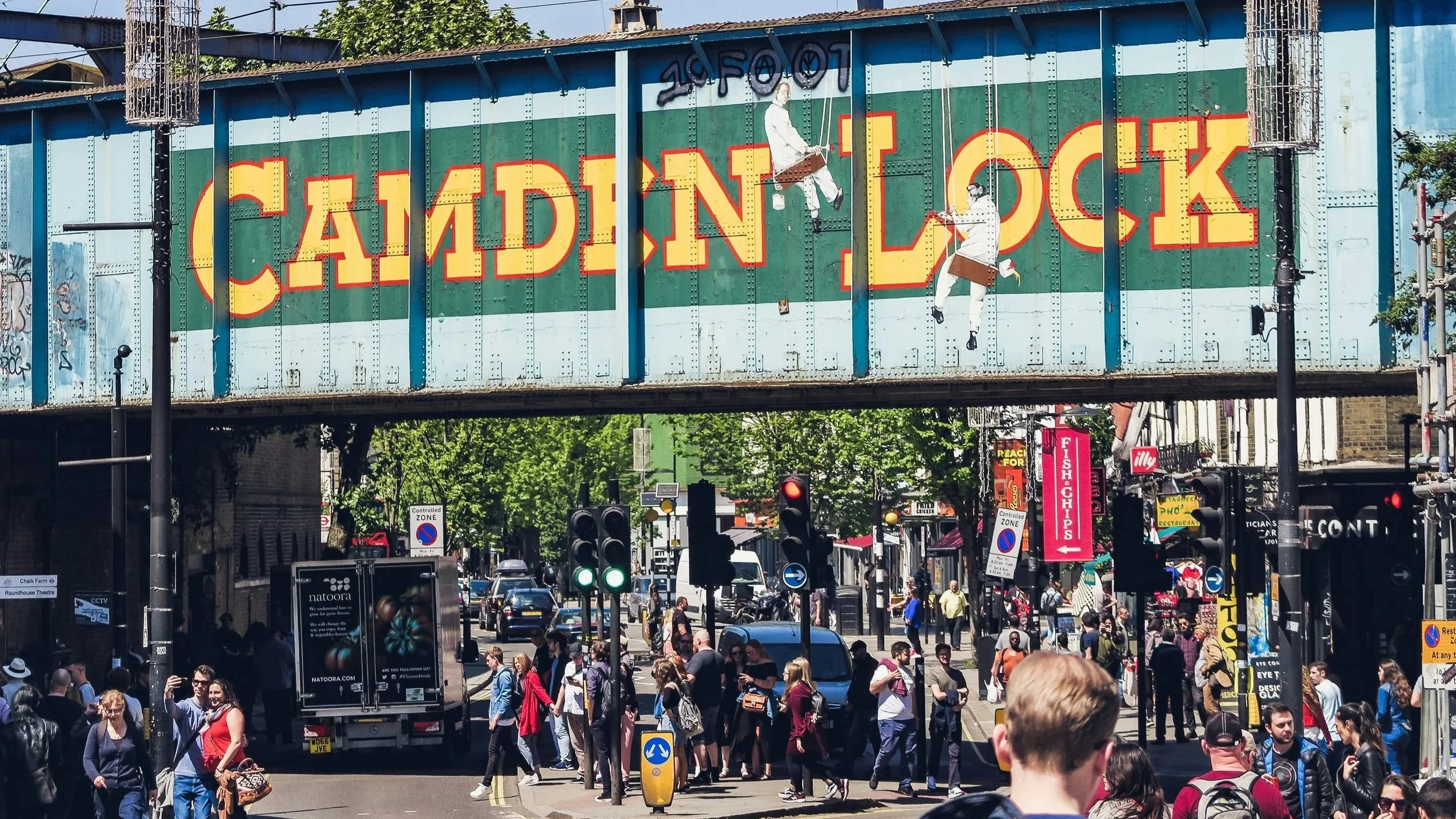 People shopping in Camden London. They are walking towards Camden Market and Camden Lock is in the photo.